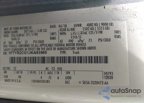 2018 Ford Transit-250 из США, поврежденный, VIN 1FTYR2CG1JKA93985